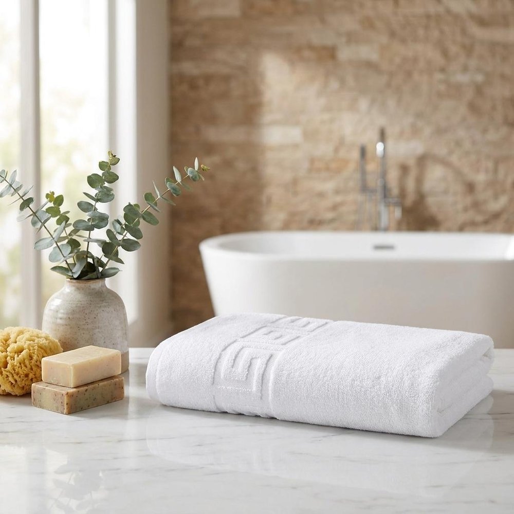 White Greek Key Turkish Cotton 40" X 60" Bath Sheet in a home interior