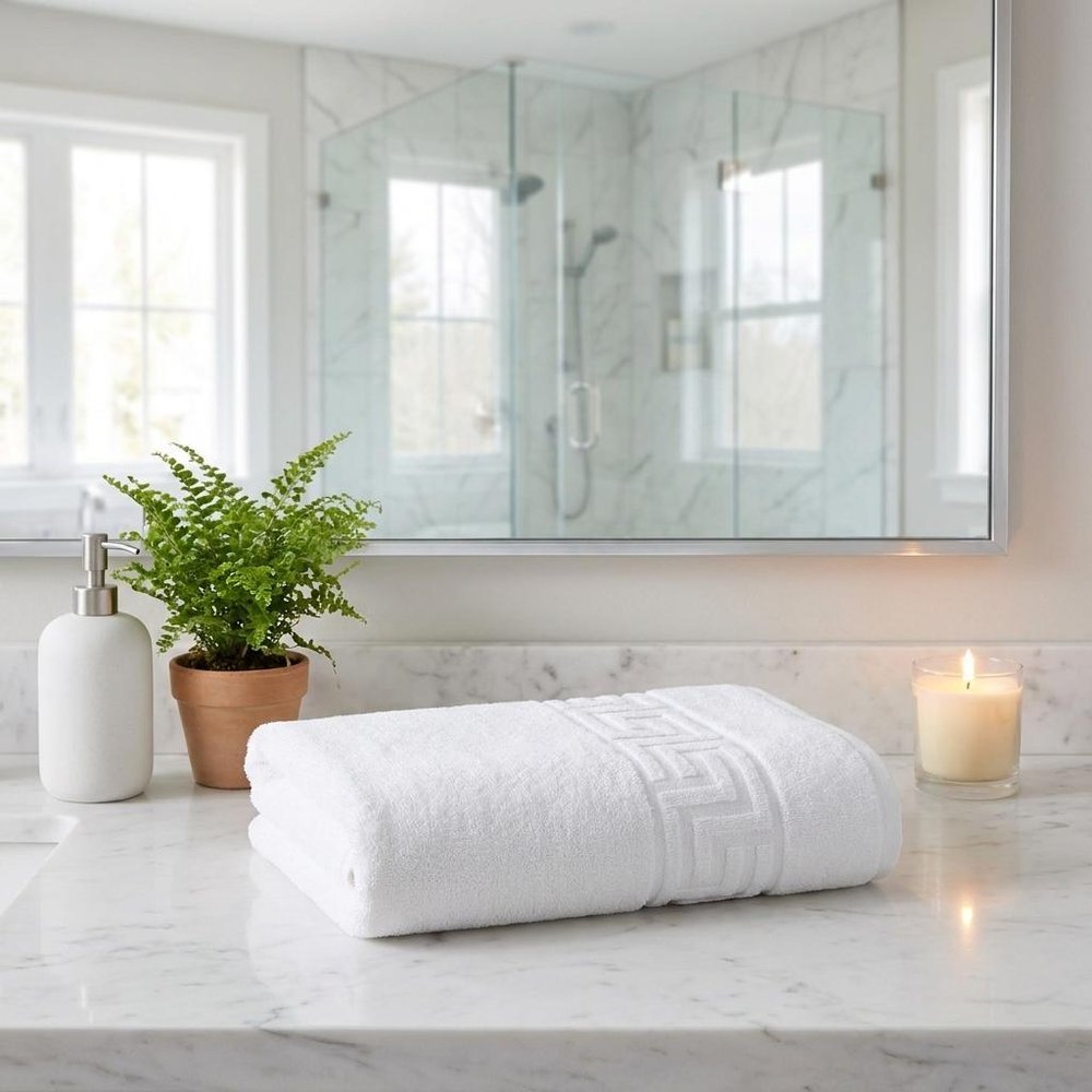 White Greek Key Turkish Cotton 27" X 54" Bath Towel