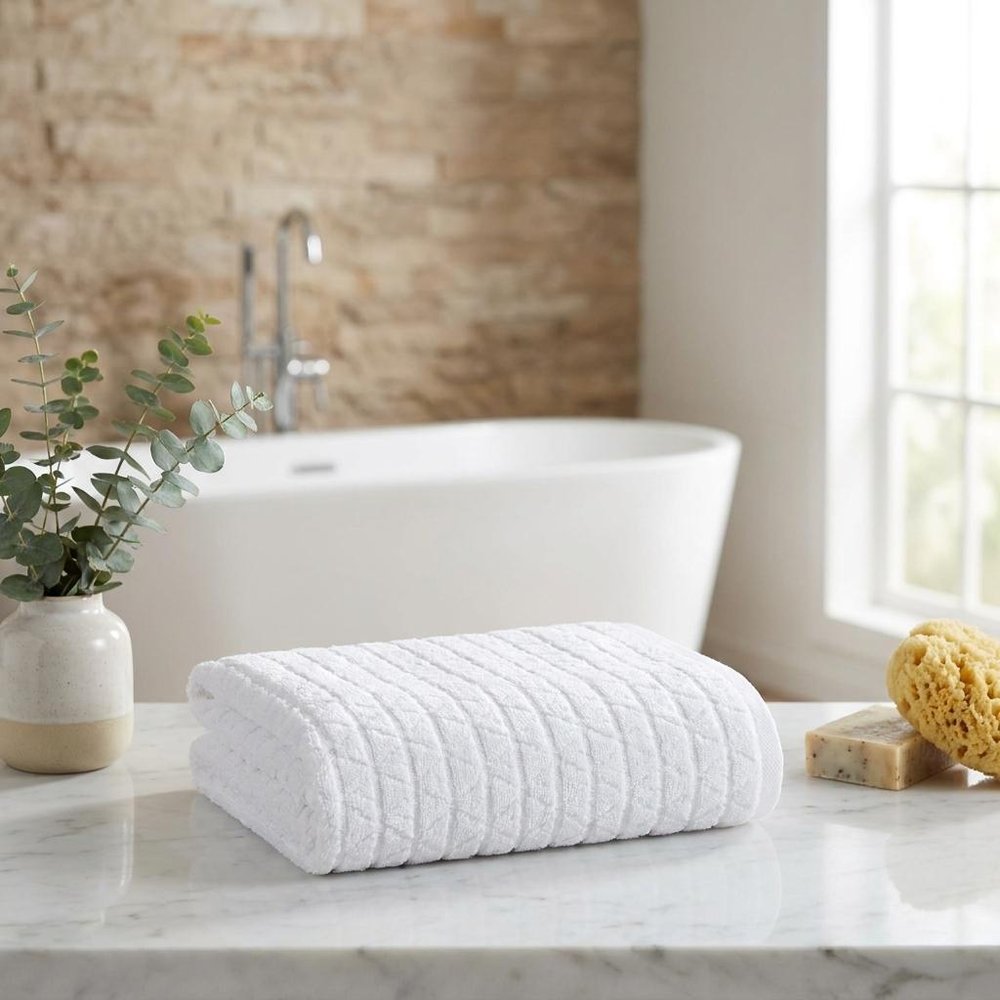 White Geometric Turkish Cotton 27" X 54" Bath Towel