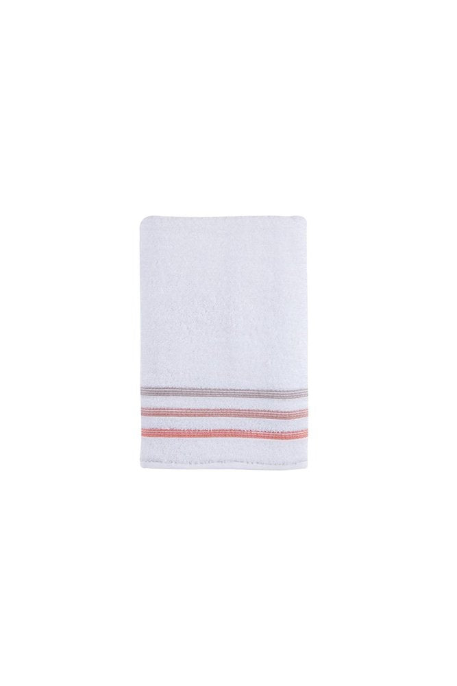 White Turkish cotton bath towel with grey and coral stripes at the hem, on a white background.