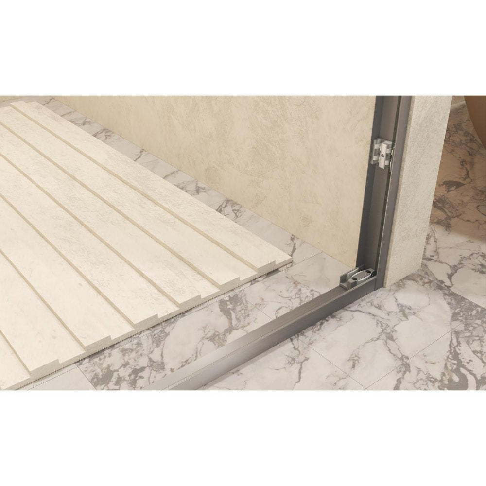 Aluminum and clear tempered glass shower door frame with marble floor and beige wall