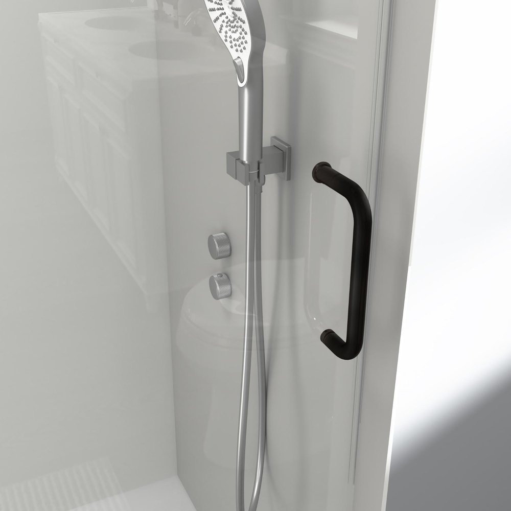 Modern shower door with a black handle and chrome showerhead, set against a white bathroom background.