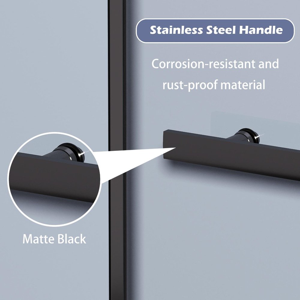 Matte black stainless steel shower door handle, corrosion-resistant and rust-proof material, on a glass shower door.
