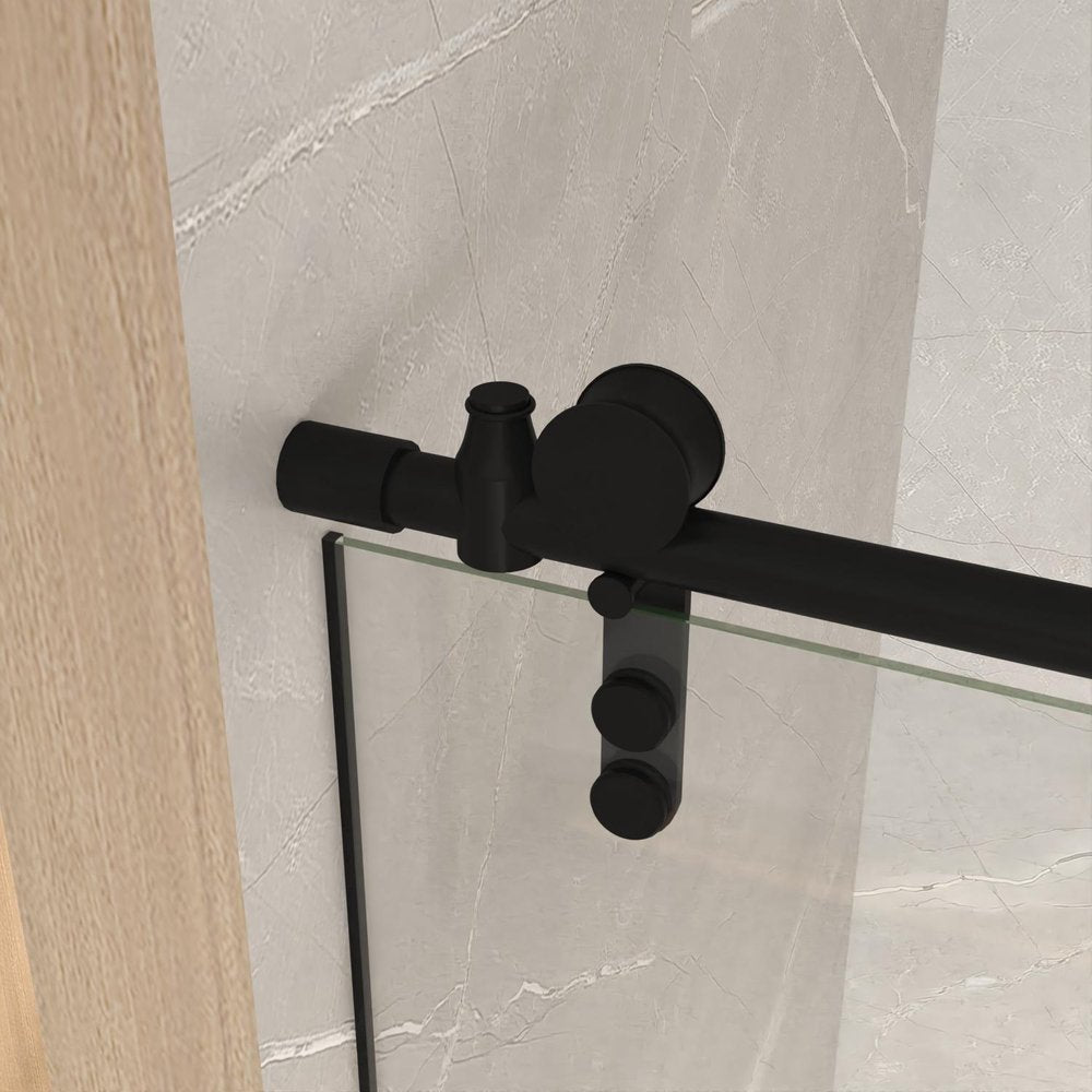 Black sliding shower door hardware on a clear glass shower door against a marble tiled wall.