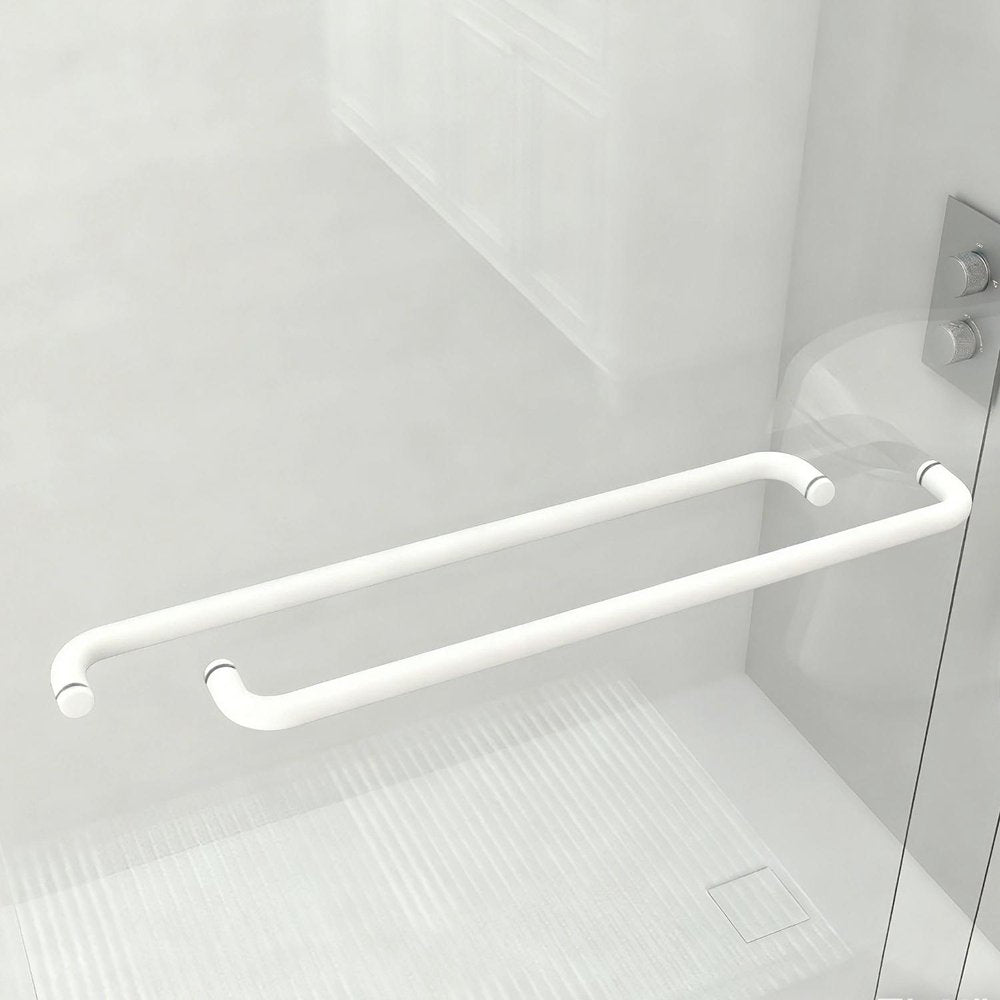 White aluminum shower door with two curved handles and a glass panel, set against a white background.