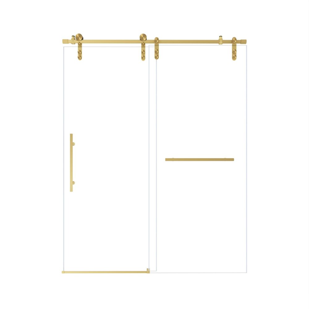 Gold sliding shower door with clear glass panels and a gold handle on a white background.