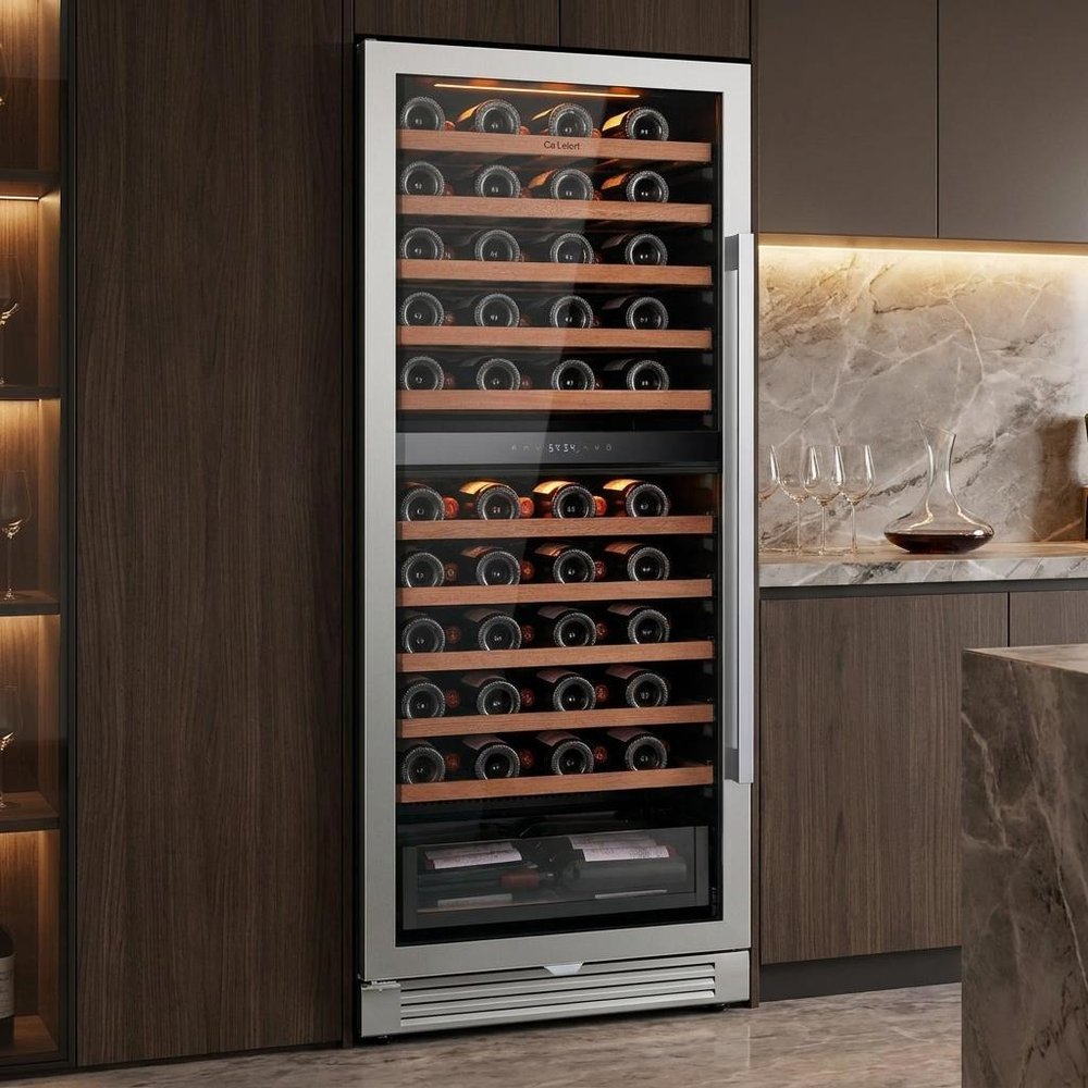 55" X 23" Silver and Black Stainless Steel Dual Compartment Wine Refrigerator