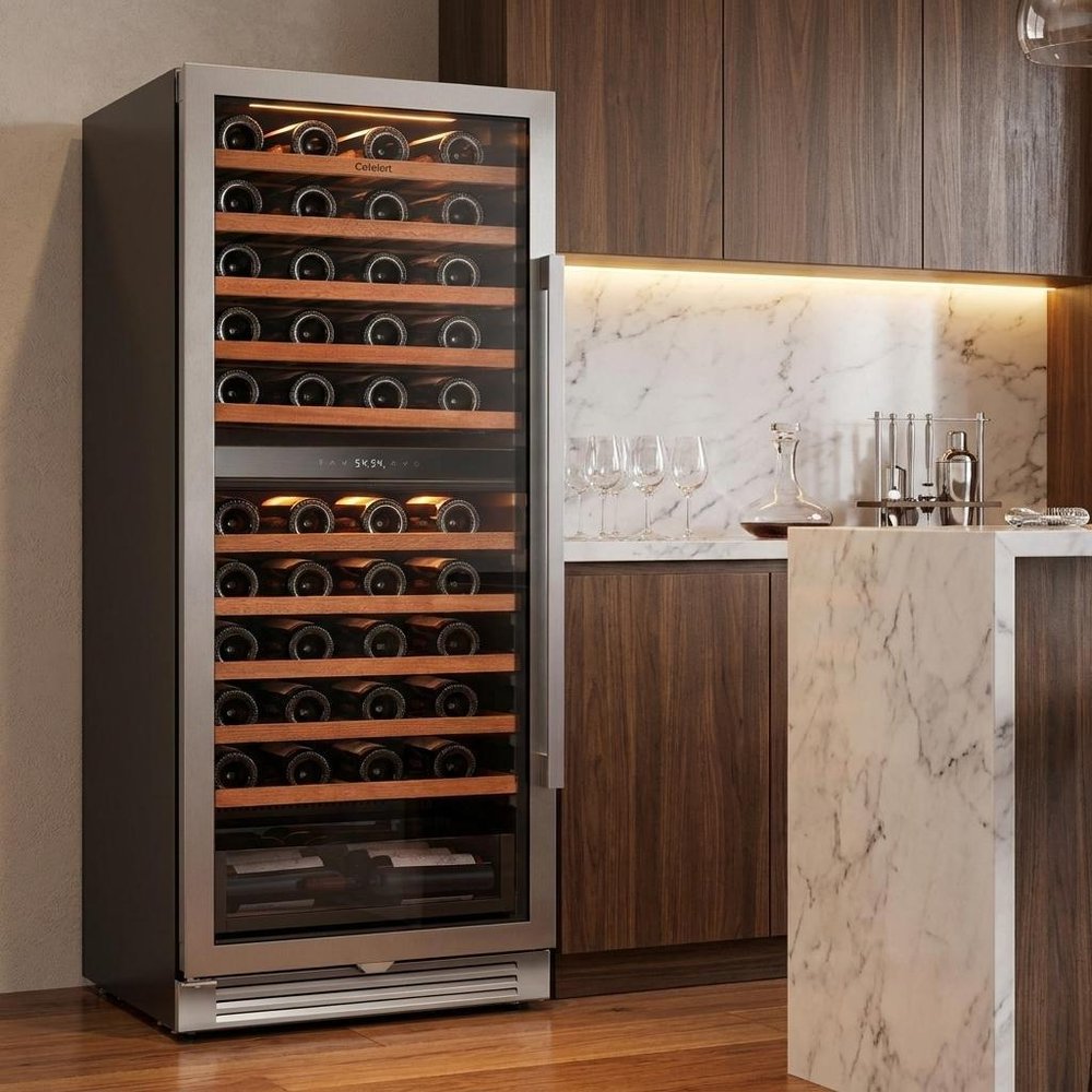 55" X 23" Silver and Black Stainless Steel Dual Compartment Wine Refrigerator