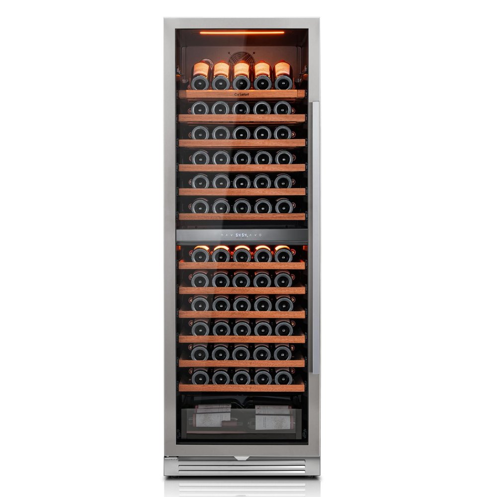 69" X 23" Silver and Black Stainless Steel Dual Compartment Wine Refrigerator