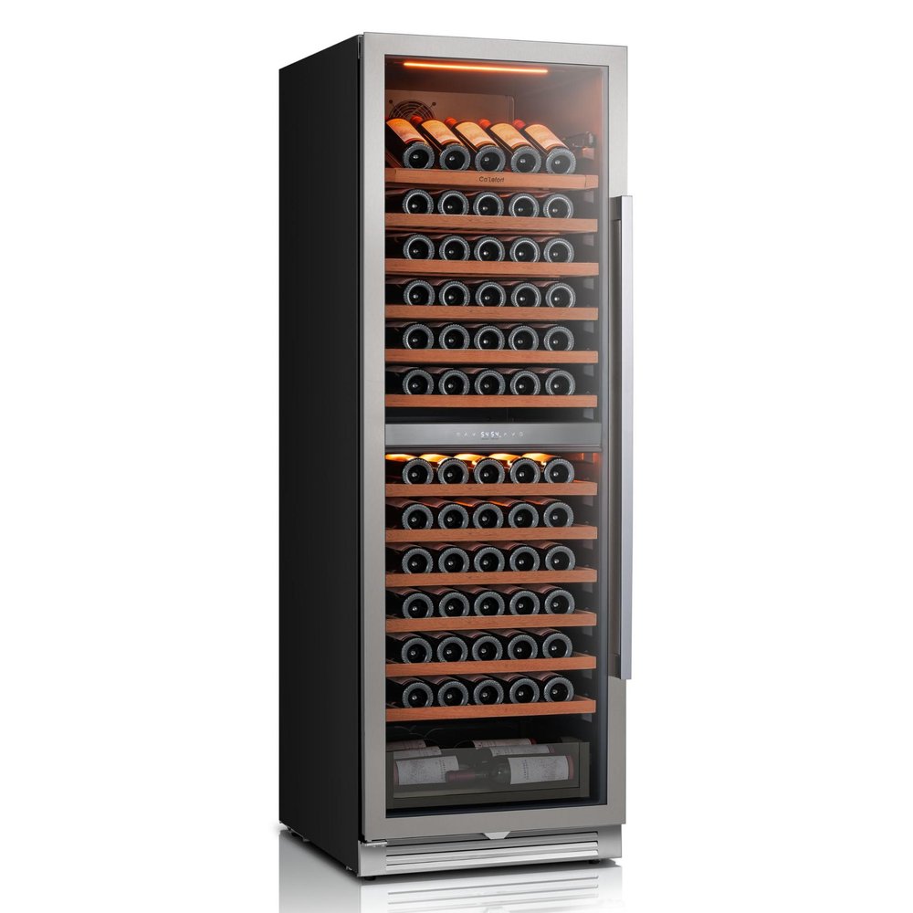 69" X 23" Silver and Black Stainless Steel Dual Compartment Wine Refrigerator
