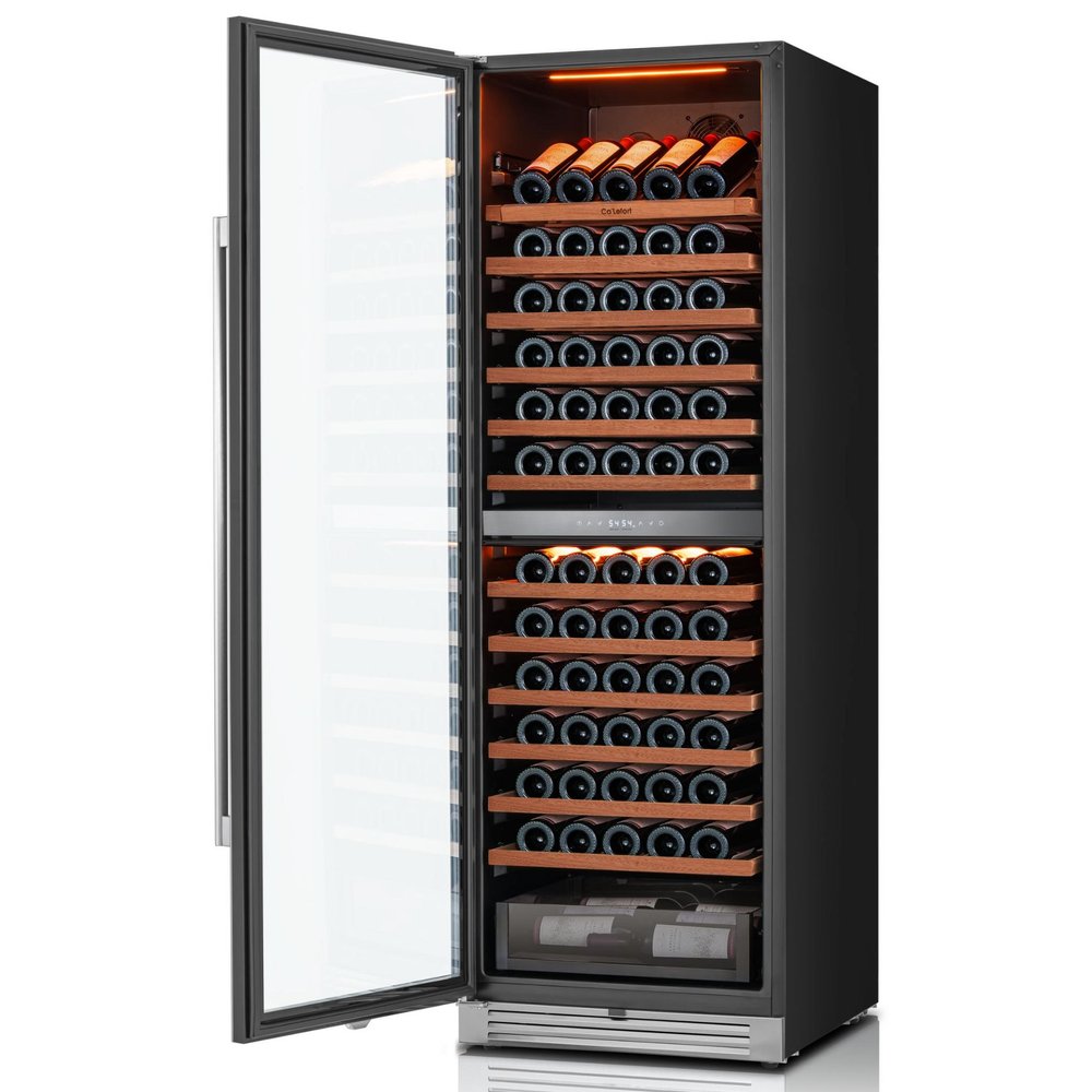 69" X 23" Silver and Black Stainless Steel Dual Compartment Wine Refrigerator