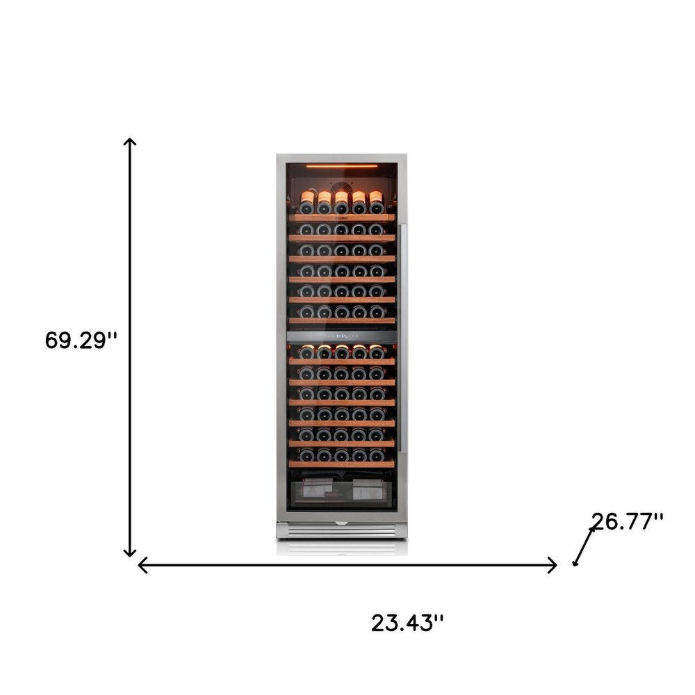 69" X 23" Silver and Black Stainless Steel Dual Compartment Wine Refrigerator