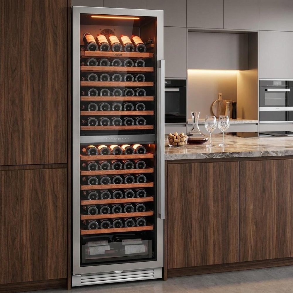69" X 23" Silver and Black Stainless Steel Dual Compartment Wine Refrigerator