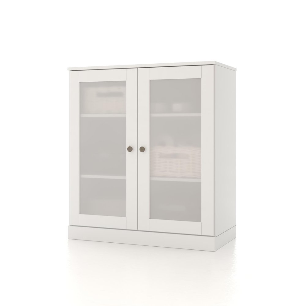 32" White Solid Wood Glass Panel Inlay Double Door Linen Cabinet