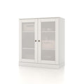 32" White Solid Wood Glass Panel Inlay Double Door Linen Cabinet. Bathroom storage isolated on a plain white background, showing a white wood surface.