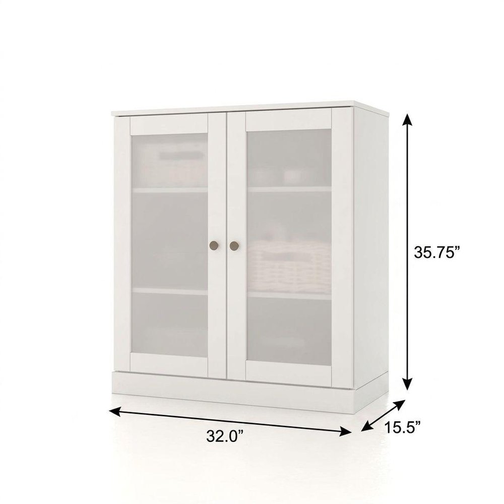 32" White Solid Wood Glass Panel Inlay Double Door Linen Cabinet