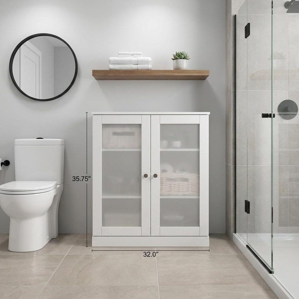 32" White Solid Wood Glass Panel Inlay Double Door Linen Cabinet