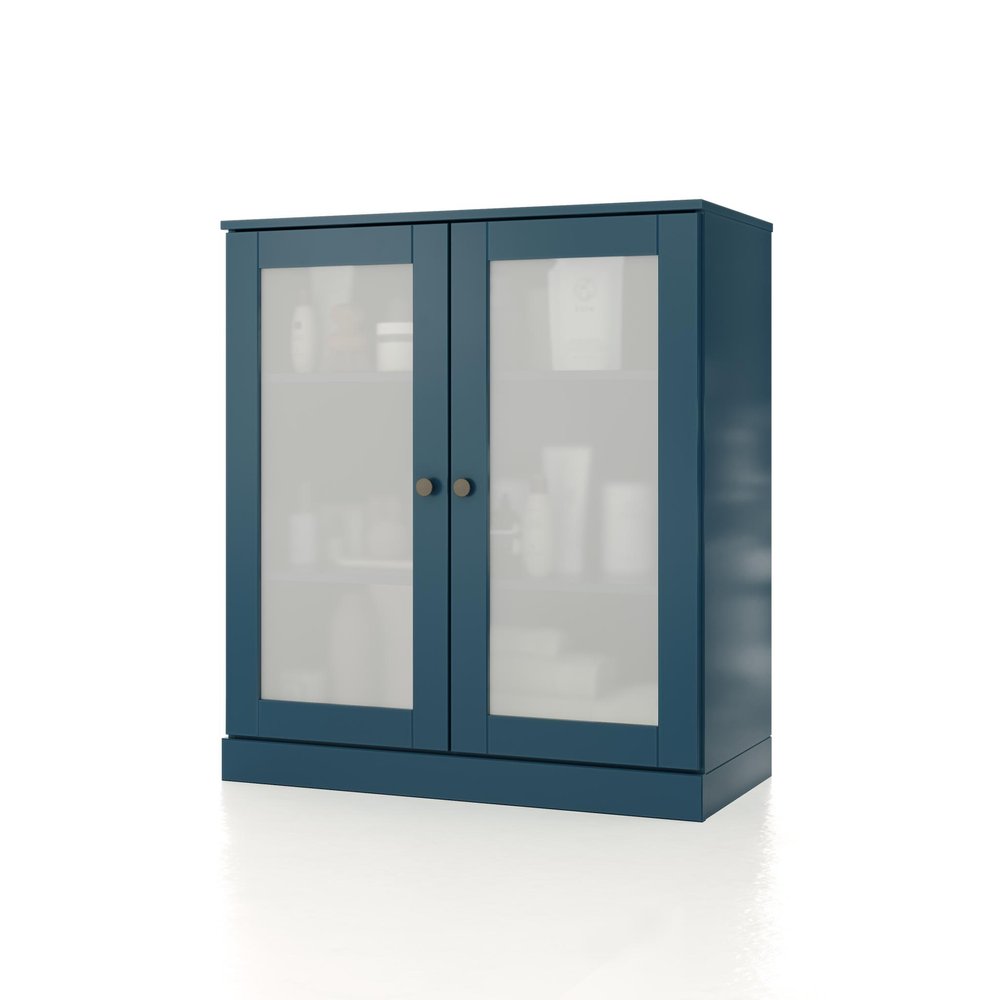 Teal blue solid wood linen cabinet with frosted glass doors and two round knobs, shown against a white background.