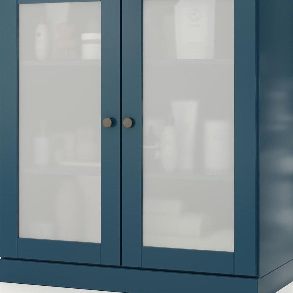 32" Teal Blue Solid Wood Glass Panel Inlay Double Door Linen Cabinet - SKU 759137
