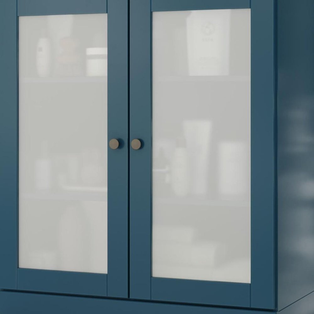 32" Teal Blue Solid Wood Glass Panel Inlay Double Door Linen Cabinet - SKU 759137
