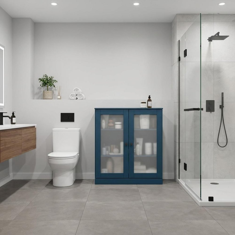 32" Teal Blue Solid Wood Glass Panel Inlay Double Door Linen Cabinet - SKU 759137
