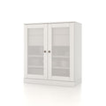 32" White Solid Wood Glass Panel Inlay Double Door Linen Cabinet. Bathroom storage isolated on a plain white background, in a white wood finish.