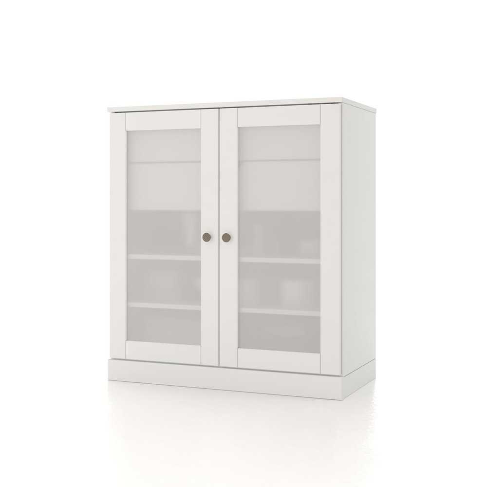 32" White Solid Wood Glass Panel Inlay Double Door Linen Cabinet