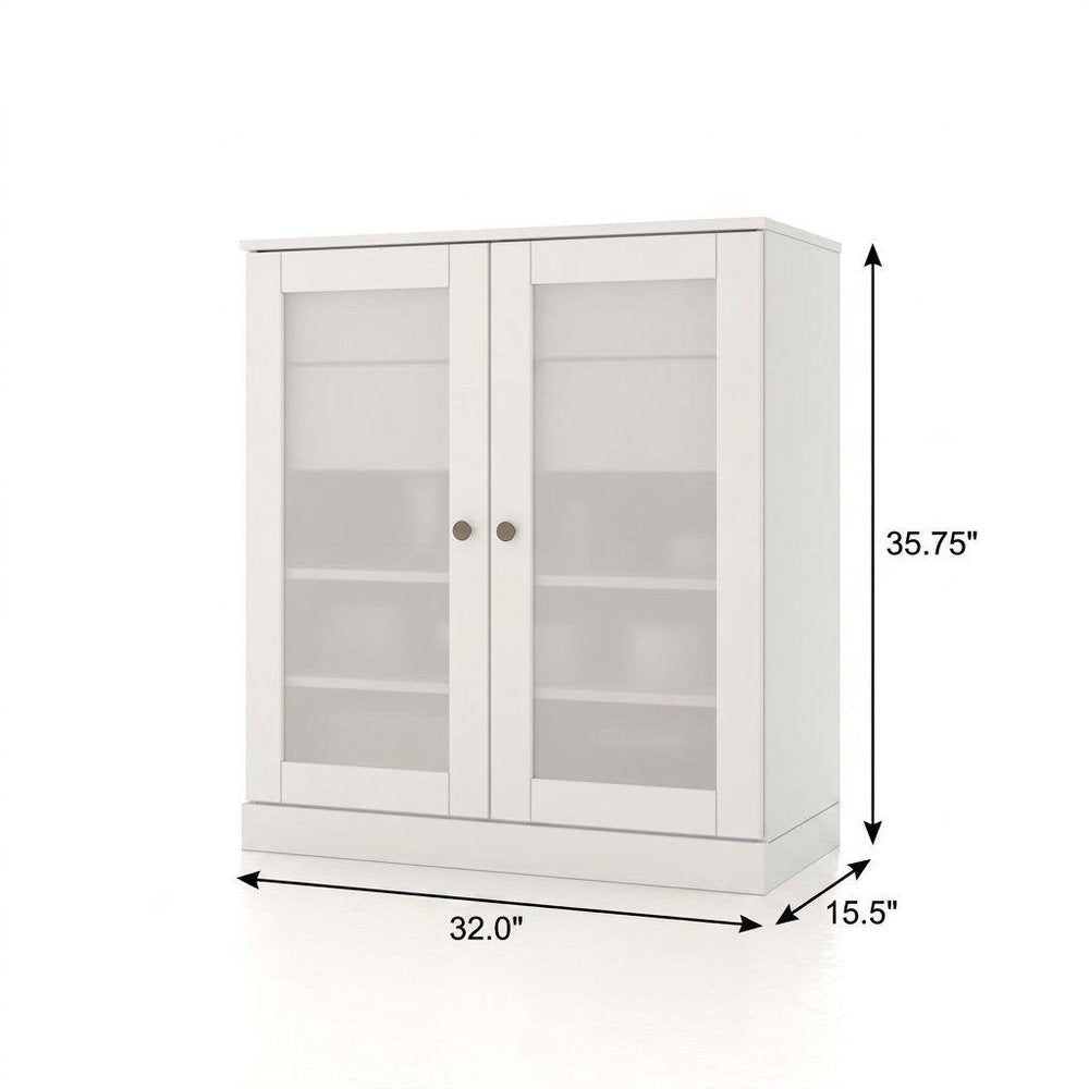 32" White Solid Wood Glass Panel Inlay Double Door Linen Cabinet