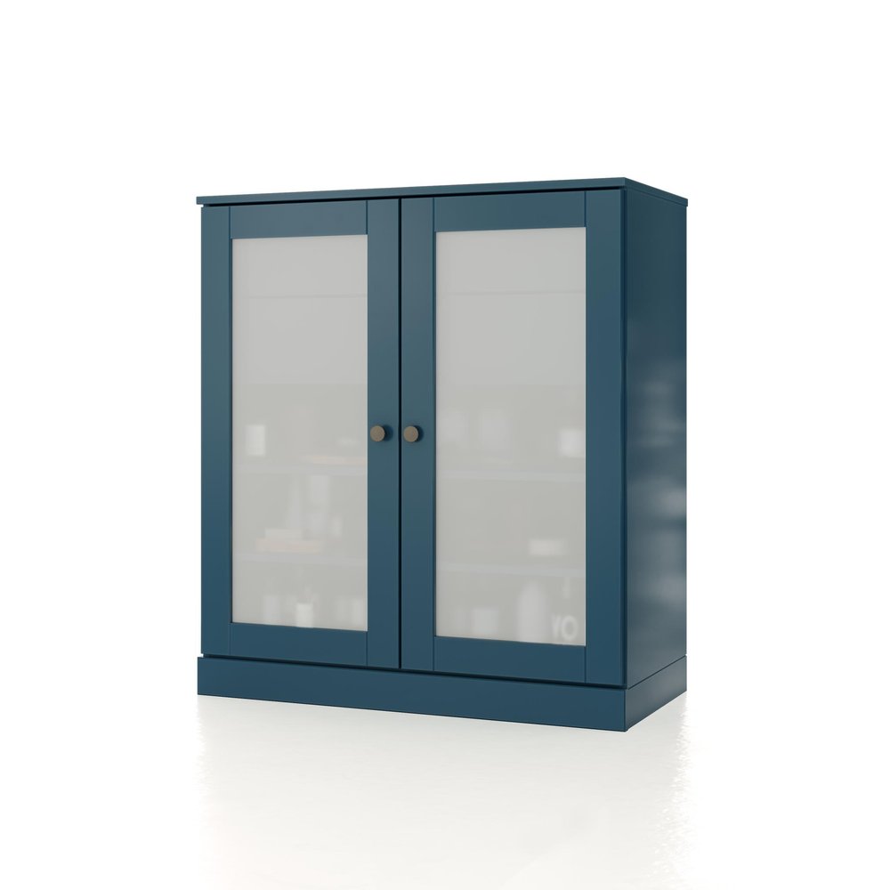 A teal blue solid wood linen cabinet with frosted glass double doors and two round knobs, shown against a white background.