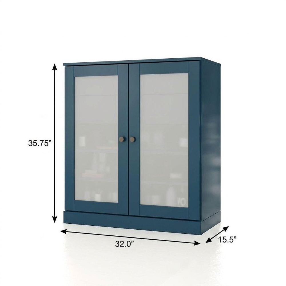 32" Teal Blue Solid Wood Glass Panel Inlay Double Door Linen Cabinet - SKU 759163