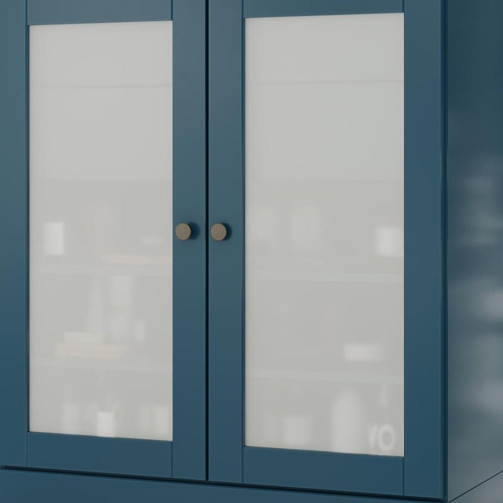 32" Teal Blue Solid Wood Glass Panel Inlay Double Door Linen Cabinet - SKU 759163