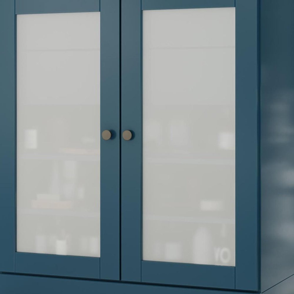 32" Teal Blue Solid Wood Glass Panel Inlay Double Door Linen Cabinet - SKU 759163