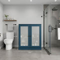 32" Teal Blue Solid Wood Glass Panel Inlay Double Door Linen Cabinet