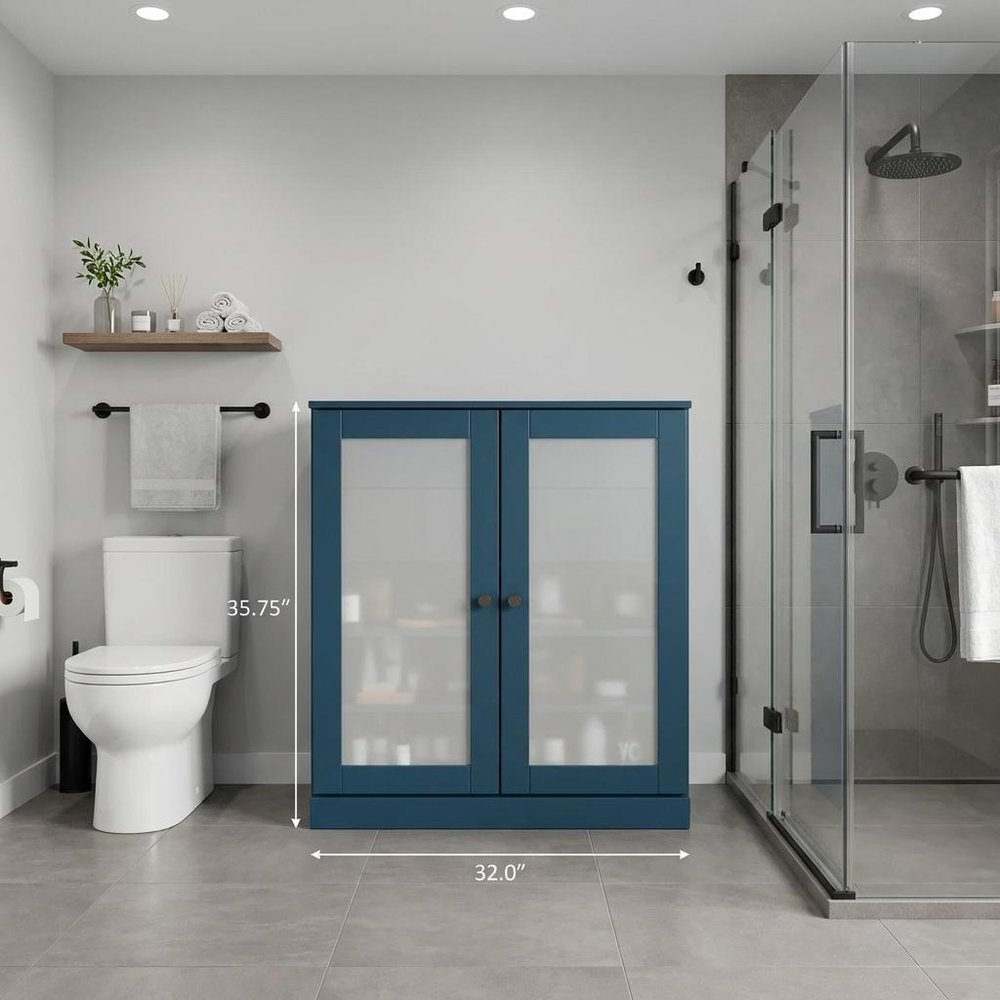 32" Teal Blue Solid Wood Glass Panel Inlay Double Door Linen Cabinet - SKU 759163