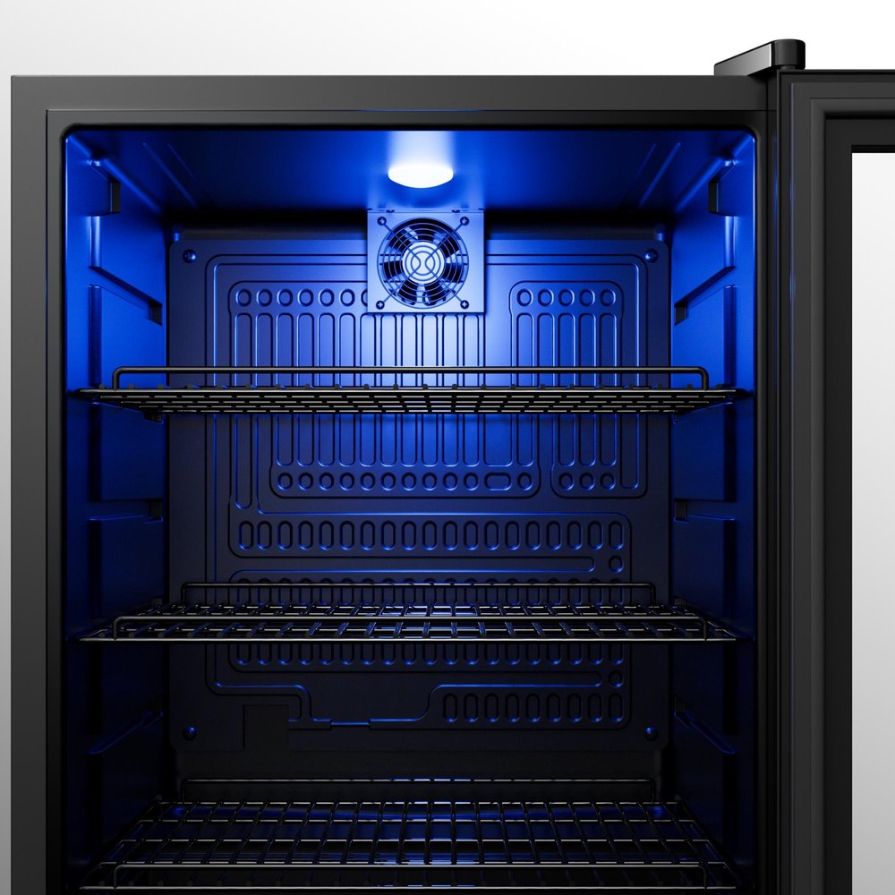 Close-up of 33" X 22" Clear and Black Stainless Steel Single Compartment Can Beverage Refrigerator showing black metal detail.
