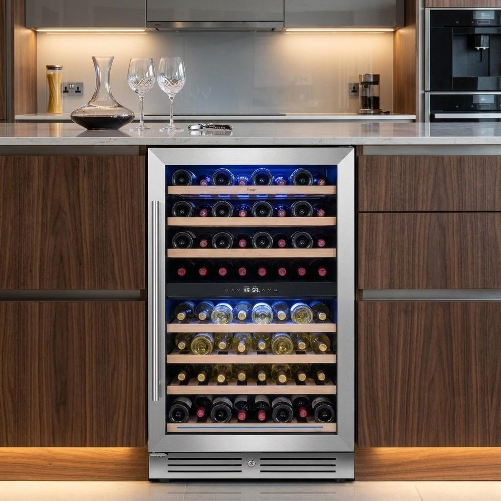 55" X 23" Silver and Black Stainless Steel Dual Compartment Wine Refrigerator
