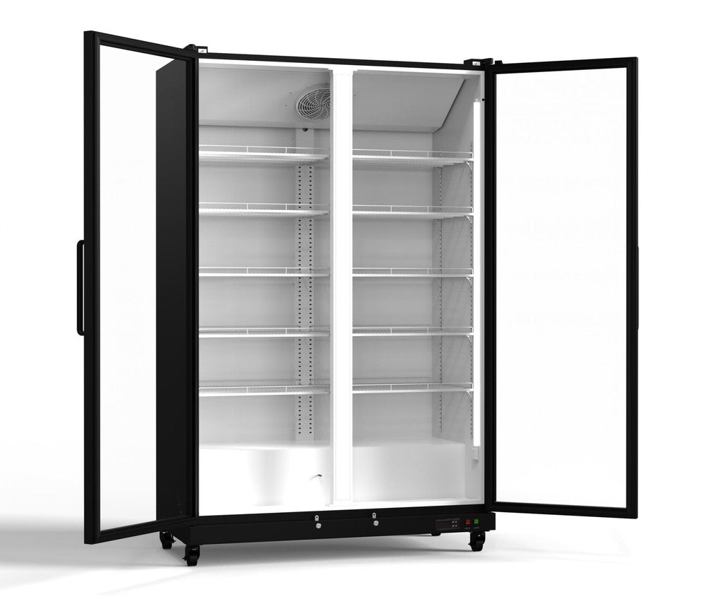 76" X 44" Clear and Black Stainless Steel Single Compartment Can Beverage Refrigerator