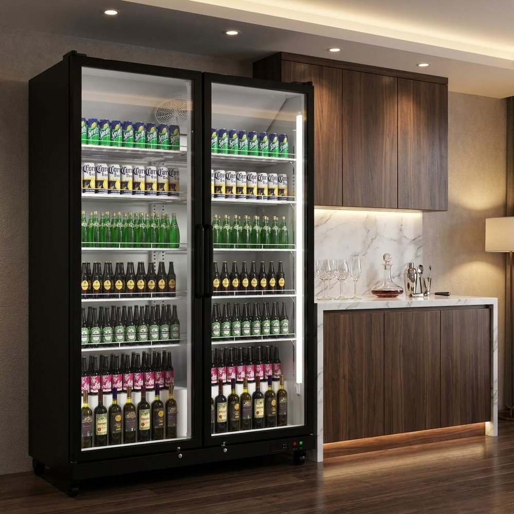 76" X 44" Clear and Black Stainless Steel Single Compartment Can Beverage Refrigerator