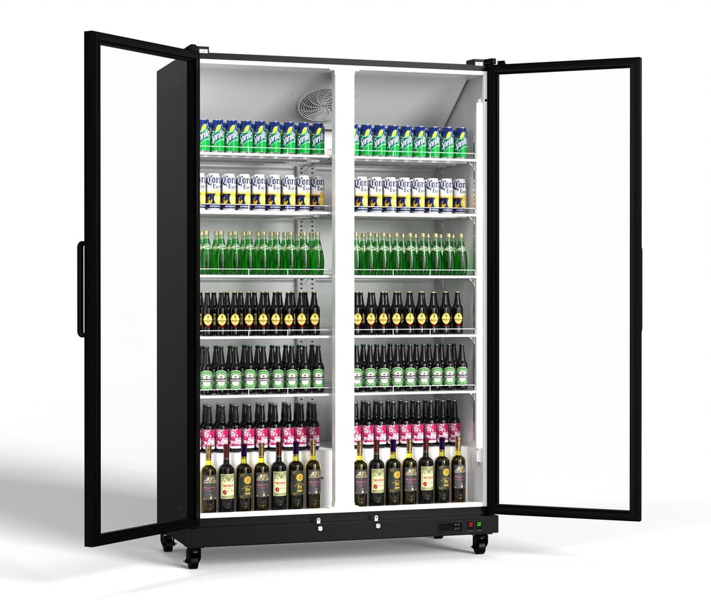 80" X 50" Clear and Black Stainless Steel Single Compartment Can Beverage Refrigerator