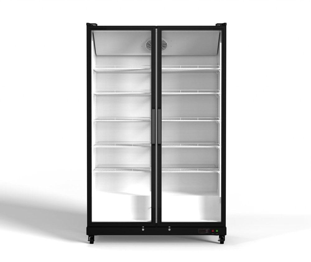 80" X 50" Clear and Black Stainless Steel Single Compartment Can Beverage Refrigerator