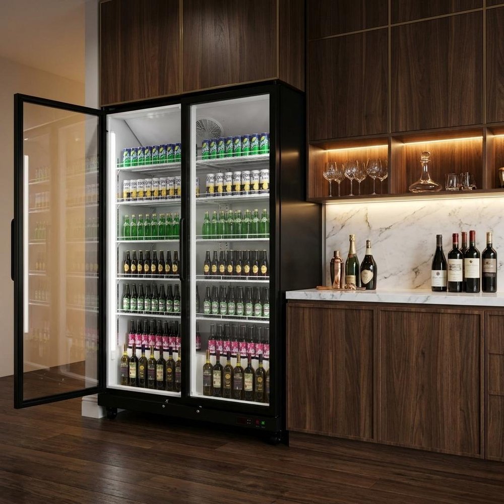 80" X 50" Clear and Black Stainless Steel Single Compartment Can Beverage Refrigerator