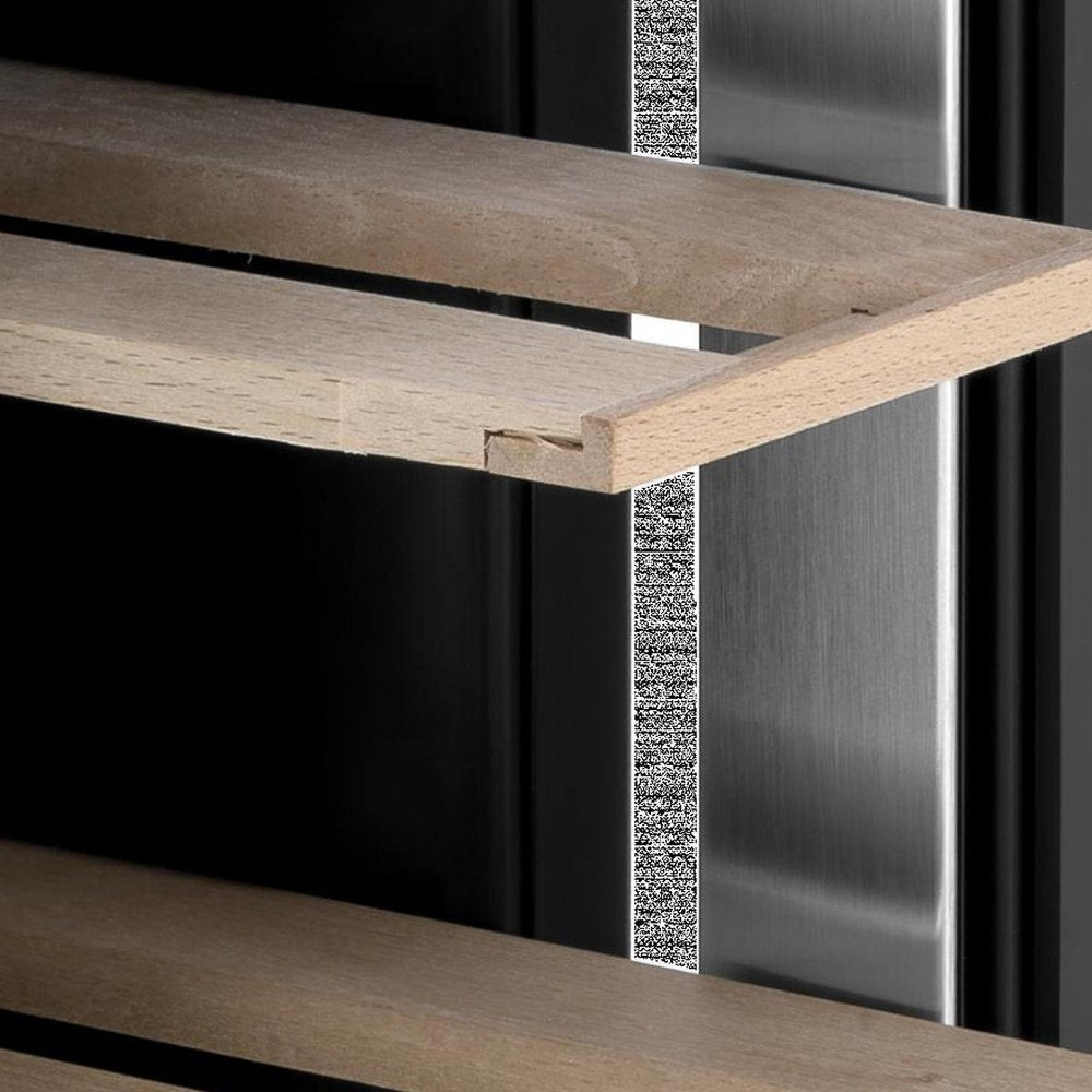 34" X 6" Silver and Black Stainless Steel Single Compartment Wine Refrigerator photographed against a dark studio background in black.