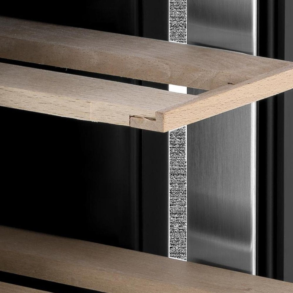 34" X 6" Silver and Black Stainless Steel Single Compartment Wine Refrigerator photographed against a dark studio background in black.