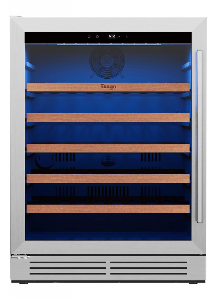 Silver and black stainless steel single compartment wine refrigerator with wooden shelves and blue interior lighting.