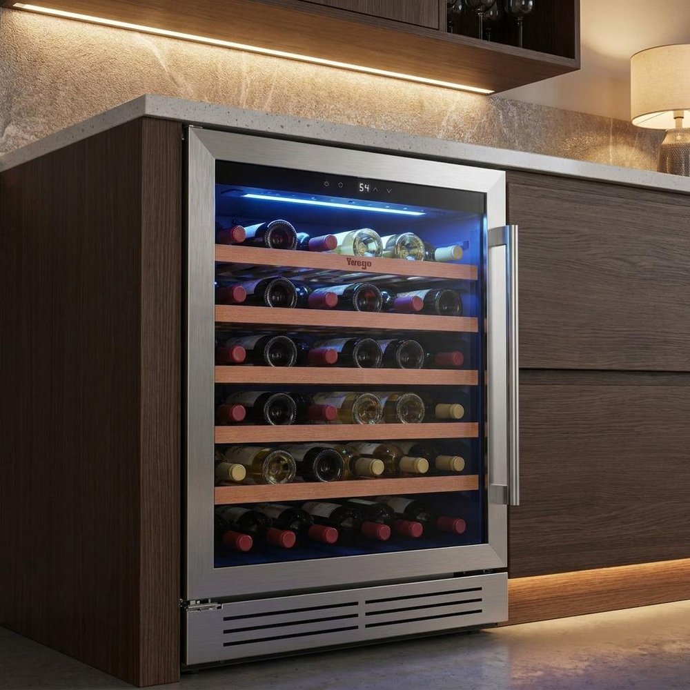 32" X 23" Silver and Black Stainless Steel Single Compartment Wine Refrigerator