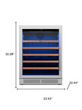 32" X 23" Silver and Black Stainless Steel Single Compartment Wine Refrigerator. Wine cooler isolated on a plain white background, in a silver metal finish.