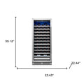 55" X 23" Silver and Black Stainless Steel Single Compartment Wine Refrigerator. Wine cooler isolated on a plain white background, showing a silver metal surface.