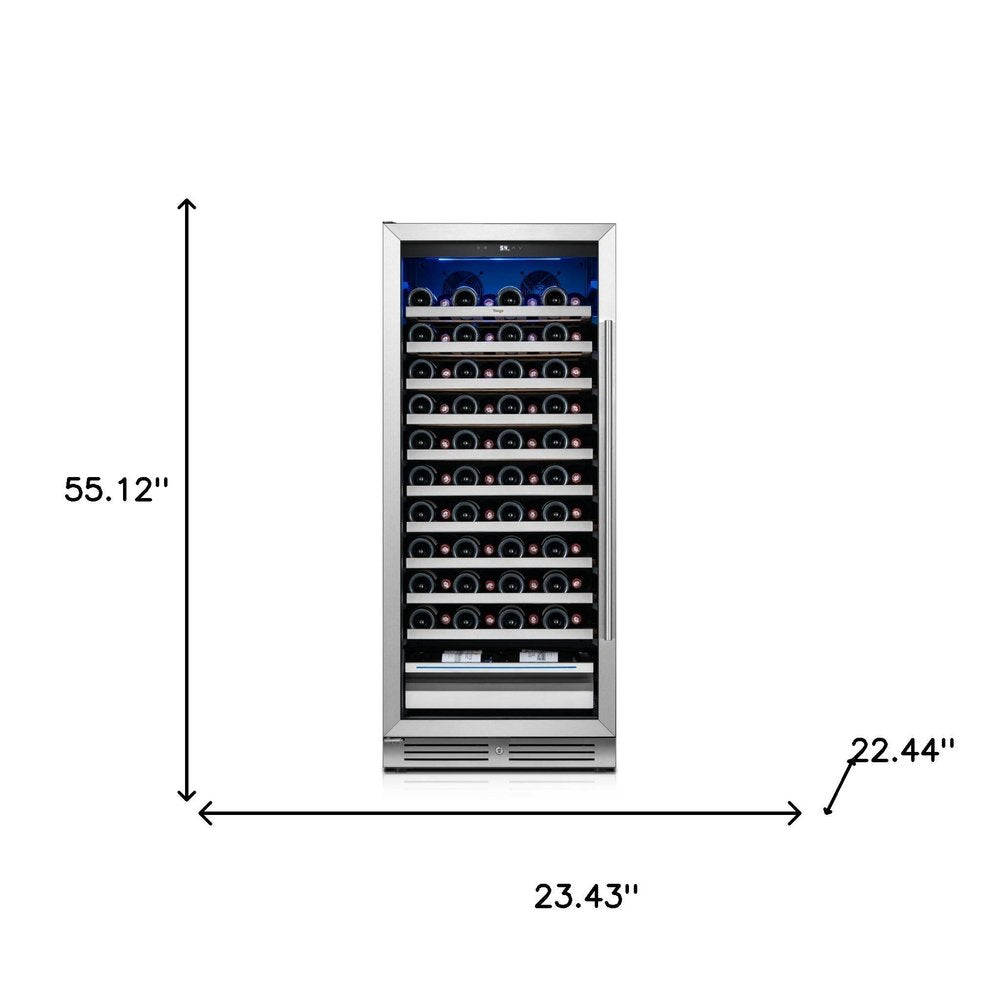 55" X 23" Silver and Black Stainless Steel Single Compartment Wine Refrigerator. Wine cooler isolated on a plain white background, showing a silver metal surface.