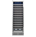 69" X 23" Silver and Black Stainless Steel Single Compartment Wine Refrigerator on a white background