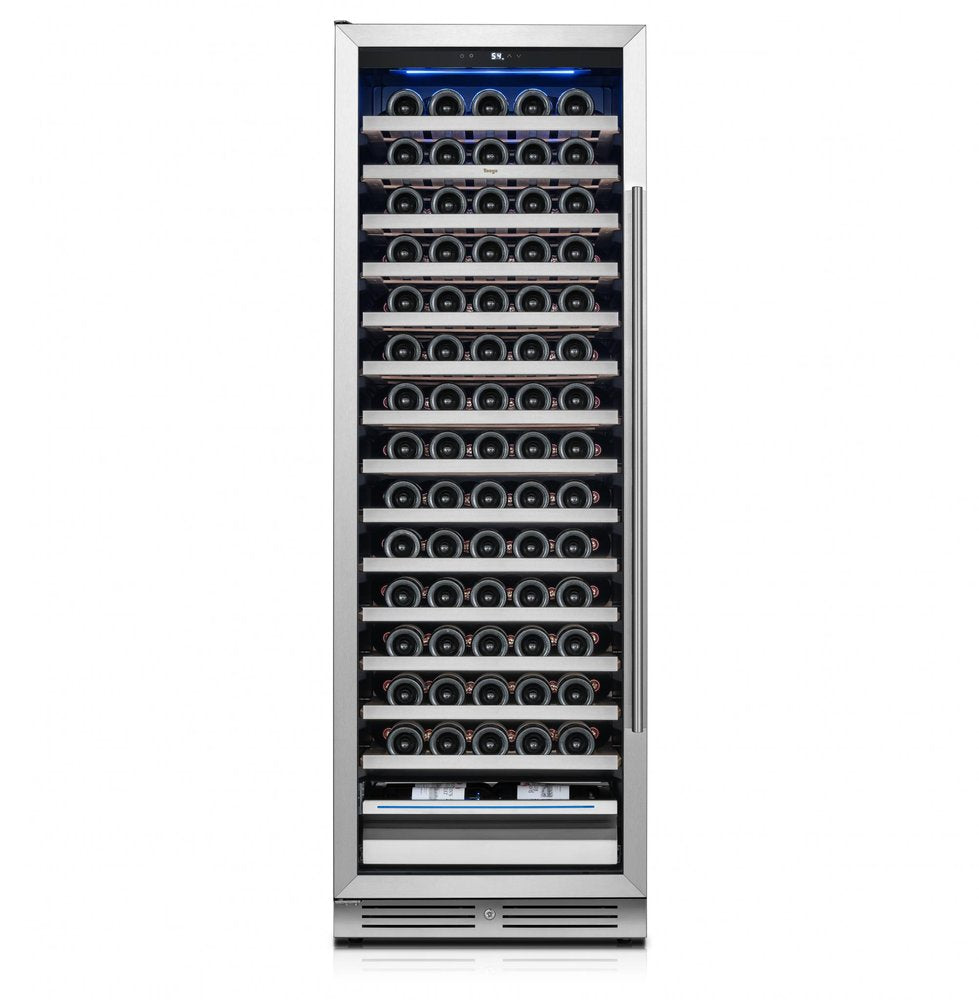 69" X 23" Silver and Black Stainless Steel Single Compartment Wine Refrigerator on a white background